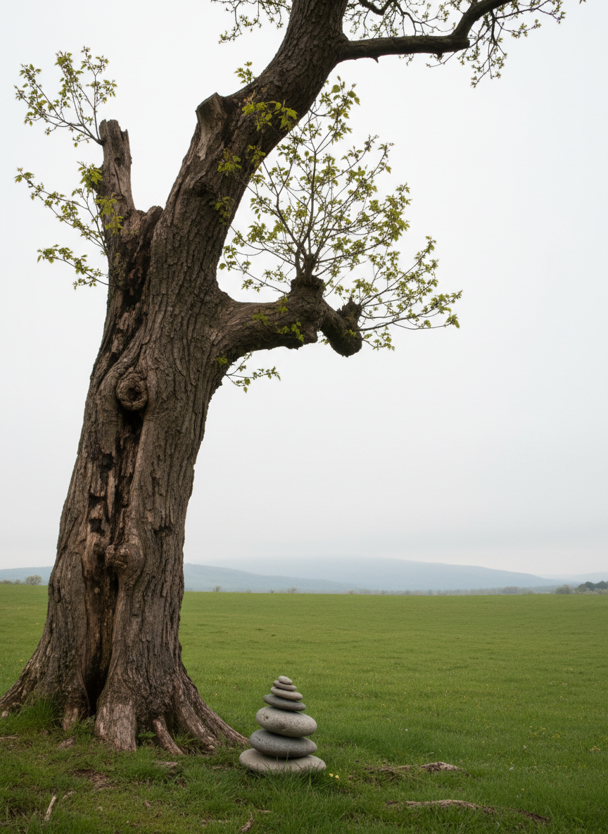 A lone, gnarled tree standing at the edge of a rolling green meadow, its twisted branches reaching into a pale, overcast sky. The bark is deeply textured and dark, scarred by time, while delicate new leaves emerge in a soft, desaturated green. At the tree’s base lies a small stack of smooth, flat stones arranged with quiet intention. The horizon recedes into a faint, misty line of distant hills. Diffused, even lighting from the cloudy sky eliminates harsh shadows, enhancing subtle details. Captured in photographic realism from a low, slightly oblique angle, with the tree placed along the rule of thirds, the mood is serene and reflective, evoking themes of endurance, memory, and natural time.