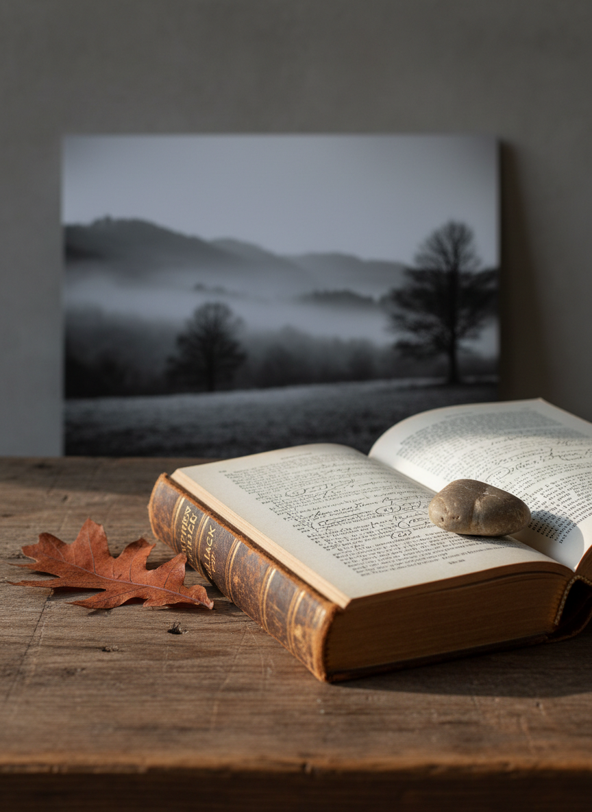 A weathered hardcover book titled “Stephen Black” lying open on a rough-hewn wooden table, its creamy pages scattered with delicate, handwritten notes in the margins. Beside it, a smooth river stone and a dried autumn leaf rest as quiet anchors. In the background, an expansive, softly blurred landscape photograph leans against a muted gray wall, hinting at misty hills and distant trees. Late afternoon natural light filters through an unseen window, casting long, gentle shadows and subtle highlights along the book’s spine. Photographic realism with a sophisticated, minimalist aesthetic, shot at eye level with a shallow depth of field, creating a contemplative, introspective mood that evokes memory, nature, and the passage of time.